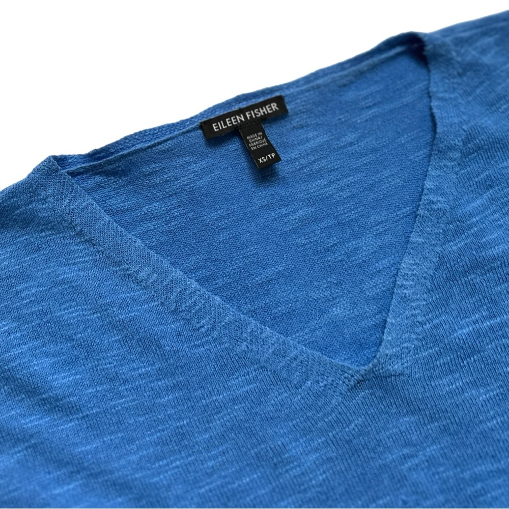 Eileen Fisher Organic Cotton Linen Blue V Neck Pull over, XS - Picture 2 of 7